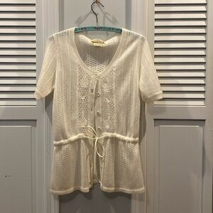 VINTAGE 70s Campari Drawstring Waist Dainty White Short Sleeve Cardigan Sweater